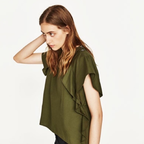 Zara Olive Ruffle Top - Picture 2 of 7